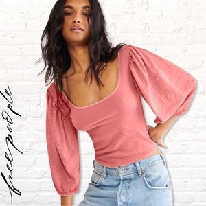 Free People Day Lily Puff Sleeve  Top Coral Pink Size XS Slub Fabric